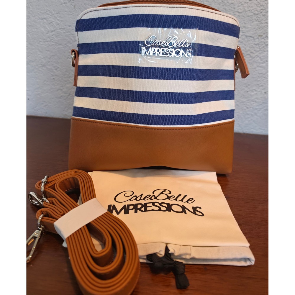 CoseBelle Impressions Blue White Striped Canvas Crossbody Bag Tan Vegan Leather - Picture 8 of 11